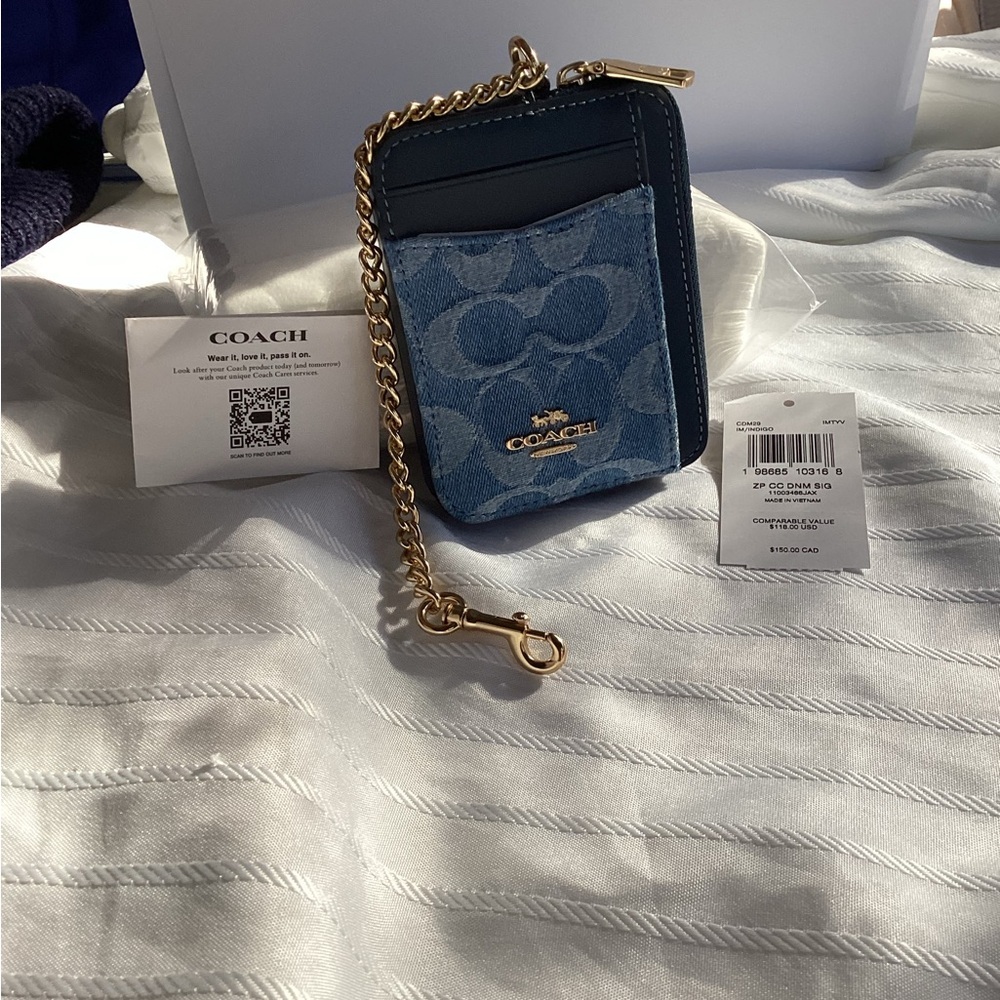 Coach Navy Denim and Leather Card Holder with Gold Chain, NWT